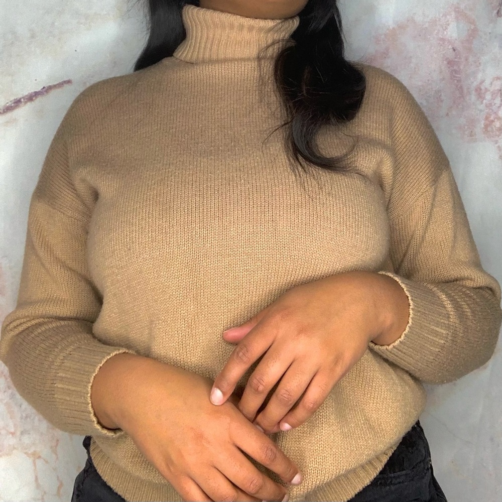 Turtle Neck Sweater - Brown, Tan Basic Sweater - Picture 3 of 6